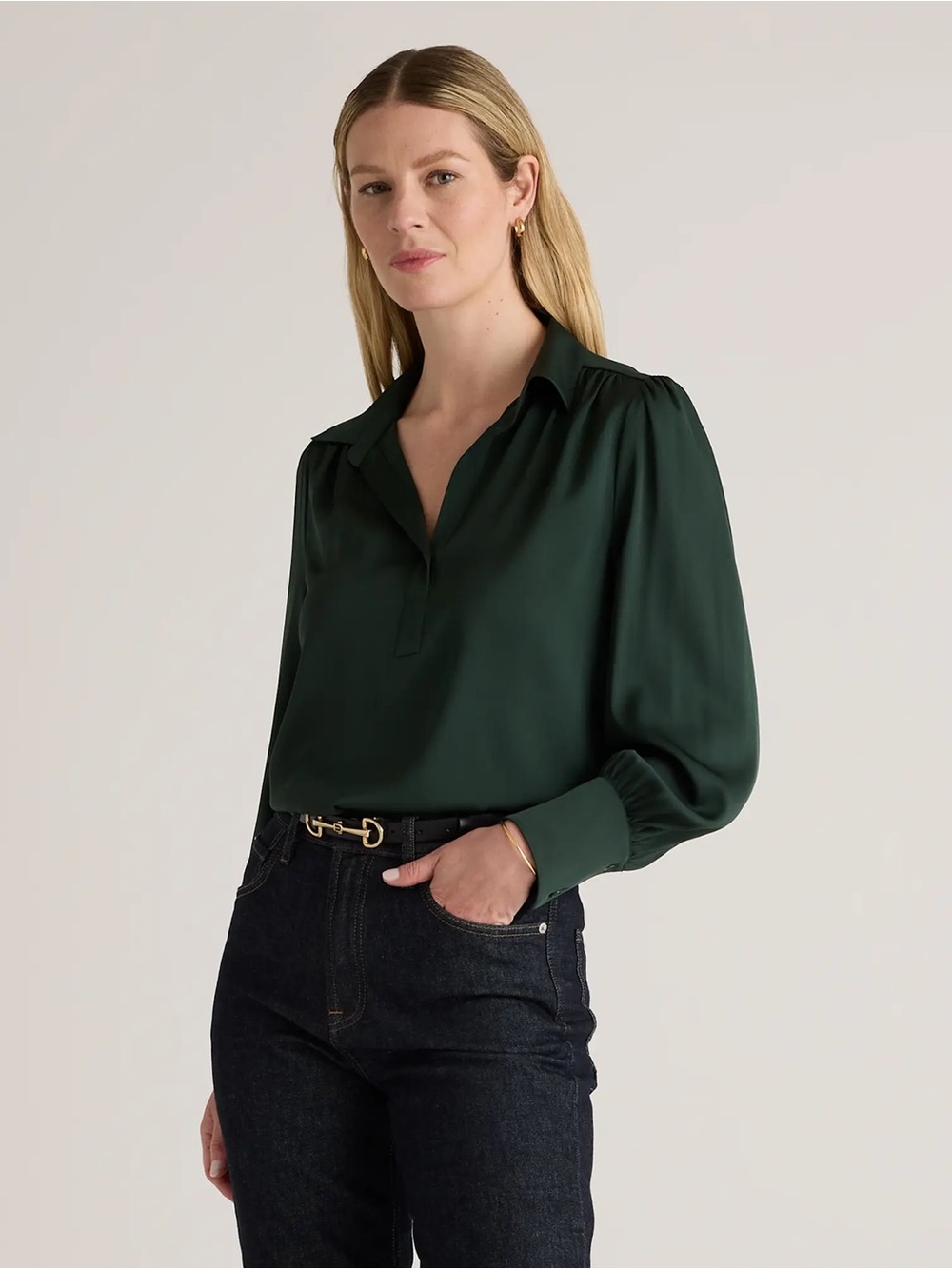 Quince Washable Stretch Split Neck Blouse Large Forest Green Like New